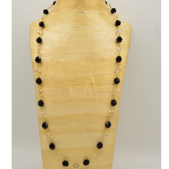 Austrian Crystal USA Vintage Necklace Open Bezel Clear Black Gold Signed 80s 9J - Picture 3 of 12